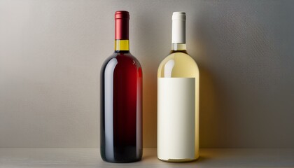 Two wine bottles, one red and one white, standing side by side against a simple, light-color