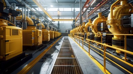 Efficient Power Industrial Generator Room with Neatly Aligned Yellow Generators and Natural Light Streaming In HighResolution Image Captured with Canon EOS 5D Mark IV