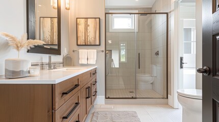 Fototapeta premium Chic Modern Bathroom with Customizable Artwork Wall Stylish Vanity Creative Mirror and Glass Shower Enclosure in Natural Light Canon EOS 90D Stock Image