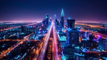 Obraz premium Cityscape Splendor Kingdom Centre Tower Illuminated at Night Capturing the Bustling Energy of Urban Life Aerial Stock Image with Vibrant Lights and Motion Trails Shot with Canon EOS 90D