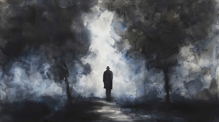 A man walks through a misty forest, surrounded by tall trees and obscured by fog