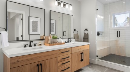 Contemporary Bathroom Oasis Customizable Artwork Frame Elegant Vanity and Natural Light Canon EOS 5D Mark IV Stock Image