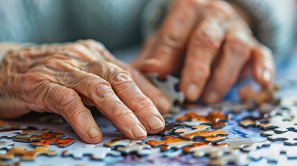 Close-up of elderly hands assembling a jigsaw puzzle