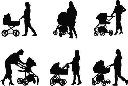 A vector silhouette collection of mothers with children in strollers