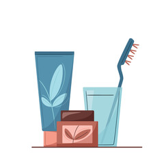 Toiletries set with a cream, tooth paste and a toothbrush. Morning beauty routine concept. Bathroom elements, Hygiene items. Isolated vector illustration