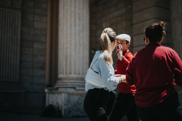 Young businesspeople interacting outdoors, discussing ideas and collaborating in a sunny urban setting with a formal architectural backdrop.