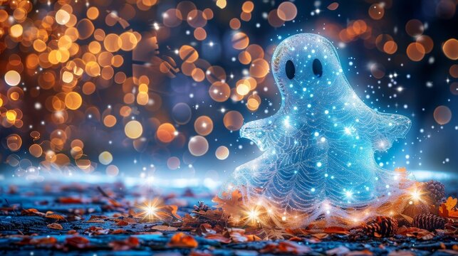 Glowing Ghost Figure With Sparkle Ligth Fairy Lights On Defocused Autumn Halloween Night Background - Powered by Adobe