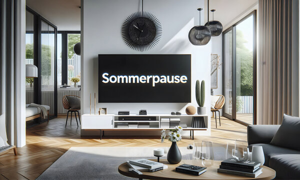 Ein Fernseher in einem modernen Wohnraum mit dem Text "Sommerpause"