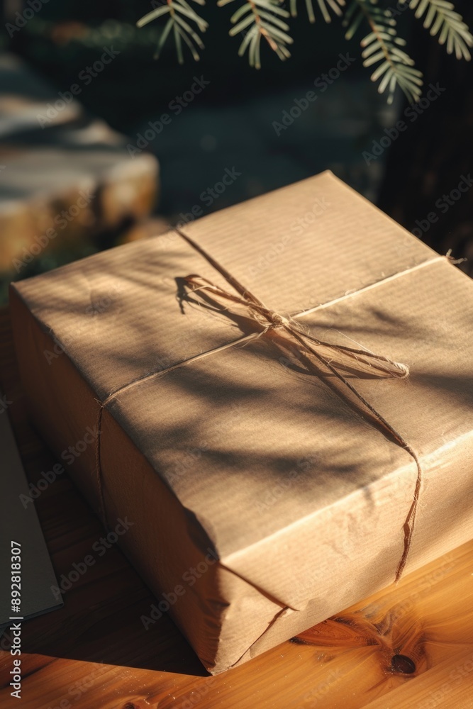 Poster a box wrapped in brown paper sitting on a wooden table, perfect for use as a prop or background elem