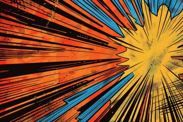 A vibrant sunburst graphic with a contrasting red and blue background