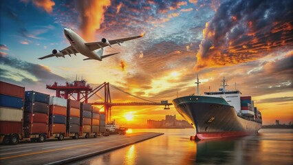 Airplane and Cargo Ship at Sunset, Global Trade, Cargo, Shipping, Logistics