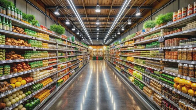 Aisle of Products in a Modern Grocery Store, Supermarket, Food , Shop , Retail