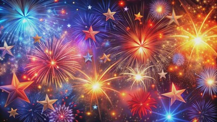 Fototapeta premium Celestial Fireworks with Golden Stars, Digital Art, Celebration, Night Sky, Festive , fireworks, stars