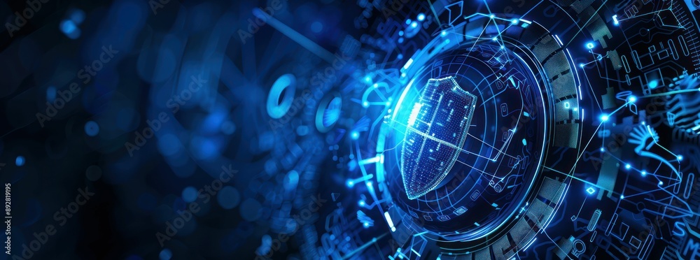 Poster glowing blue circuitry shield overlaid on circuit board with glowing dots