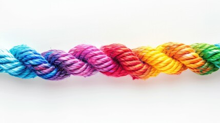 Rainbow colored rope knots on white background