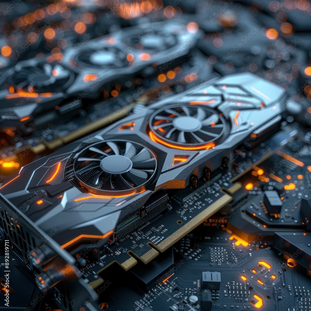 Poster futuristic glowing graphics cards with intricate circuit board technology