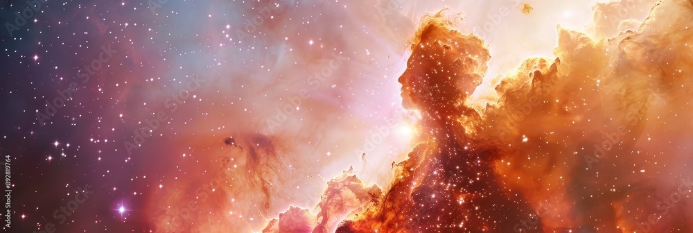 Poster Breathtaking double exposure image of the Carina Nebula,symbolizing the beauty and wonder of cosmic creation. Featuring a mystical.