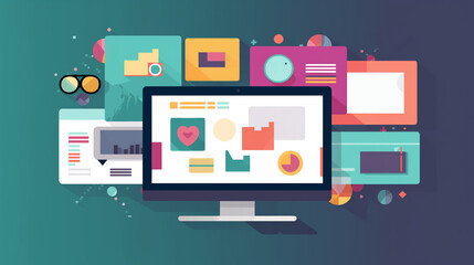 A vibrant, colorful thumbnail showcasing a realistic computer screen centered in the image. The screen displays a well-organized homepage with a variety of recognizable icons for common websites and a