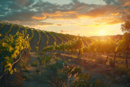 A serene vineyard landscape at sunset, ideal for wine and travel themes