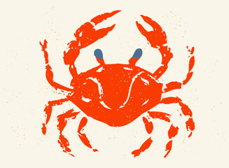 Vintage illustration of red crab in block print style. Retro illustration of crab for seafood shop.
