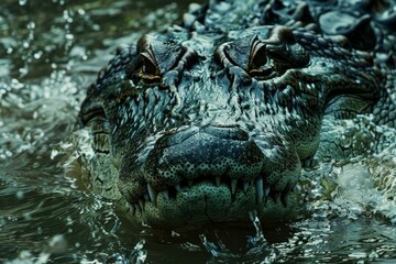 Detailed image capturing the textured skin and fierce gaze of an alligator in its natural habitat