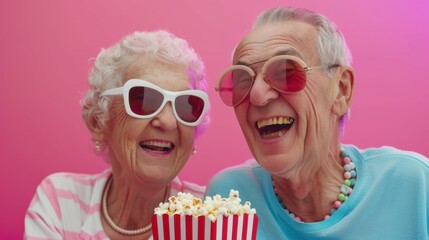 Joyful seniors enjoying popcorn together, radiating happiness against a vibrant pink backdrop.