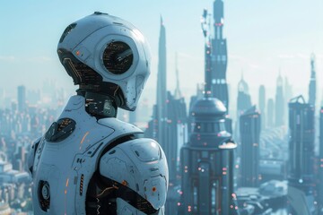 Futuristic robot overlooking a cityscape. Concept of artificial intelligence.