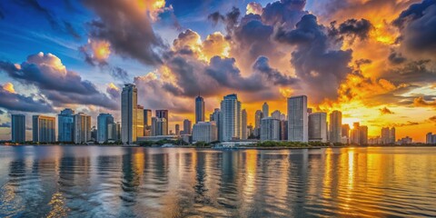 Fototapeta premium Golden Skyline Reflection, Cityscape, Skyscraper, Sunset, Water Reflection , cityscape, skyscraper