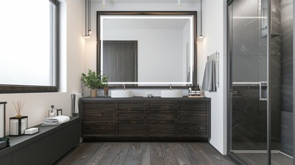 Modern Bathroom Oasis Customizable Blank Frame Dark Wood Vanity and Glass Shower Enclosure Sony Alpha 7C Capture