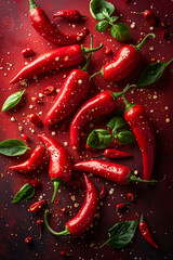 Red peppers floating in the air on a red background