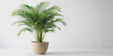 Green Palm Plant in a Beige Pot on White Background, houseplant, interior design, minimalist, greenery