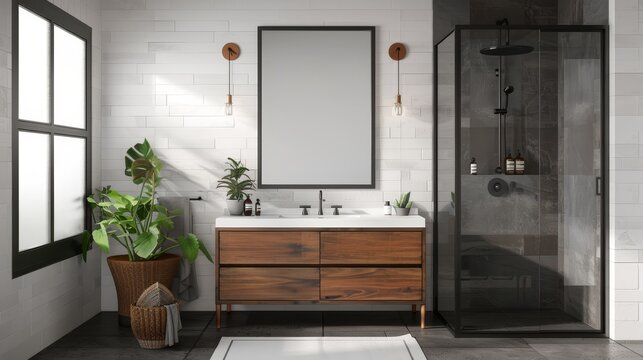 Modern Bathroom Interior with Blank Picture Frame for Custom Designs Stylish Vanity Artistic Mirror and Glass Shower Enclosure Bright and Inviting Space Canon EOS 80D