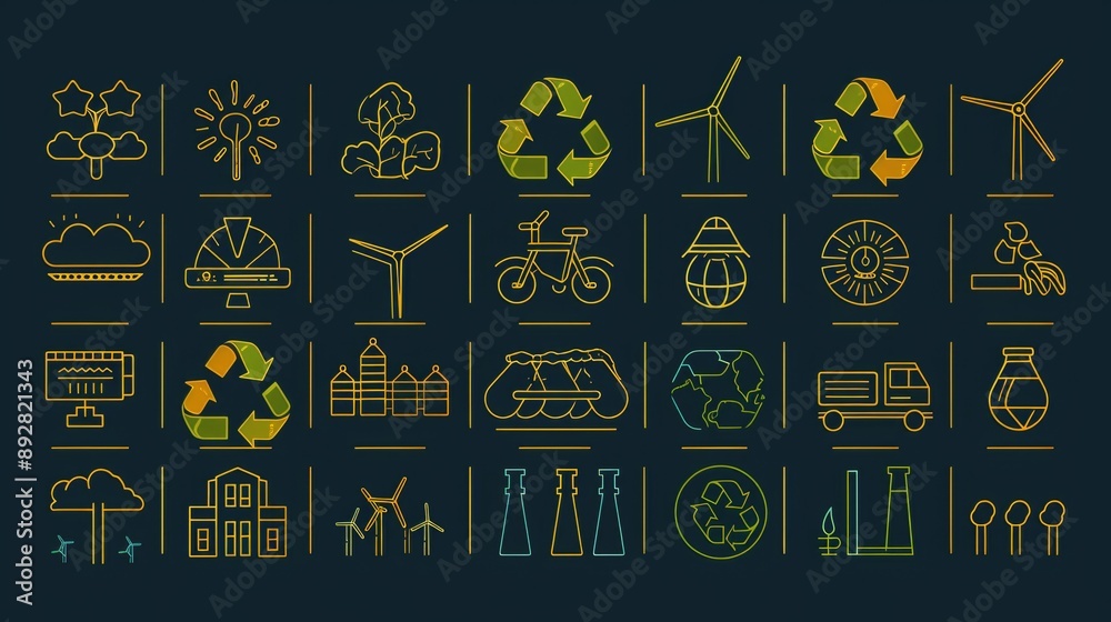 Poster A collection of various icons set against a dark backdrop, suitable for use in presentations, infographics, and digital designs