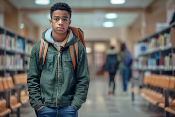 Fototapeta premium A teenage boy with a backpack walking through a school library with his hands in his pockets. Sad lonely young man at college.