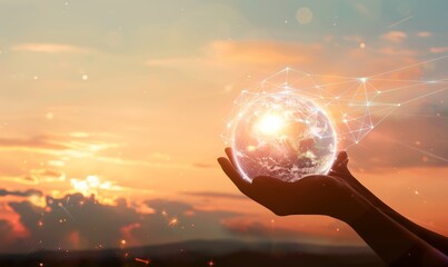 Networking. Technology and communications. Hands grasping a global network and exchanging data on a sunset background.