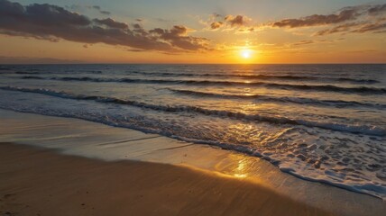 Obraz premium Golden Sunset Over Rippling Ocean Waves on a Sandy Beach
