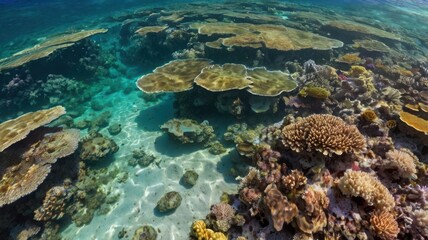 Fototapeta premium Underwater View of Table Corals in Clear, Shallow Water