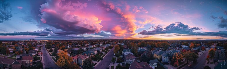 Fototapeta premium Panorama view of a gated community street in Maryland USA showing a dead-end cul-de-sac (dead-end) residential neighborhood.