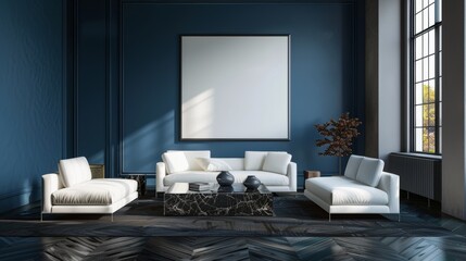 Fototapeta premium Chic and Sophisticated Living Room Interior with Blank Frame on Deep Blue Wall Modern Minimalist Design with White Sofas and Black Marble Coffee Table Elegant Home Decor Inspiration Fujifilm XT4 Shot