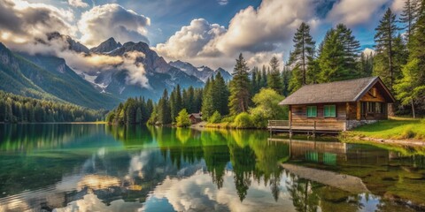 Fototapeta premium Mountain Cabin Reflecting in Serene Lake, Landscape Photography, Mountain Lake, Cabin Reflection, Nature Scenery , mountain lake, cabin reflection