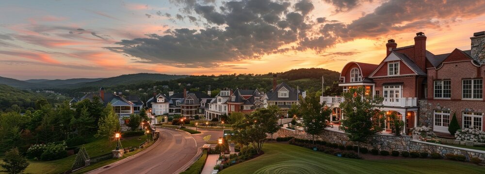 A neighborhood street sunset panorama of upper middle class single family homes in a new construction in Maryland USA with colorful dramatic skies