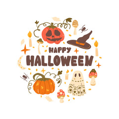 Happy Halloween round composition. All Hallows' Eve icon with Pumpkins, ghosts, witch hats and lettering. Vector hand drawn illustration.