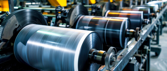 Close-up of a rotating printing press machine in action. Industrial machinery used for high-speed printing processes.