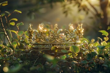 Obraz premium Majestic golden crown with jewels lie hidden amongst the lush greenery in a mystical forest setting