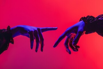 Human hands trying to touch each other isolated on a purple background with neon lights. Concepts of human relationship, community, togetherness, symbolism, culture, and history.