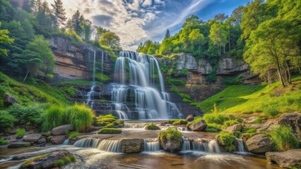 Serene Waterfall Cascading Through Lush Green Forest, Wide Angle, Long Exposure, Natural Beauty, Water, Forest, Waterfall