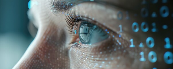 A close-up double exposure of a person's eyes with digital binary code, emphasizing technology and innovation in business