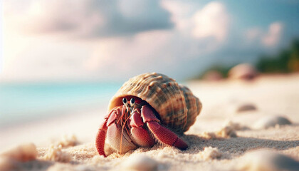 Hermit Crab Close Up on blurred beach background