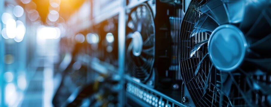 A close-up of a Bitcoin mining rig in operation, focusing on the hardware components and cooling fans