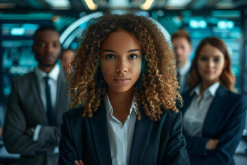 Fototapeta premium Futuristic holographic screens assist a diverse group of beautiful businesspeople interviewing a young female candidate in a high-tech office setting.